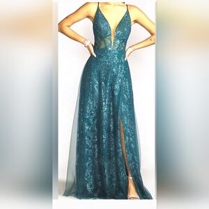 David’s Bridal Galina Signature Pattern Sequin a-line with a slit.